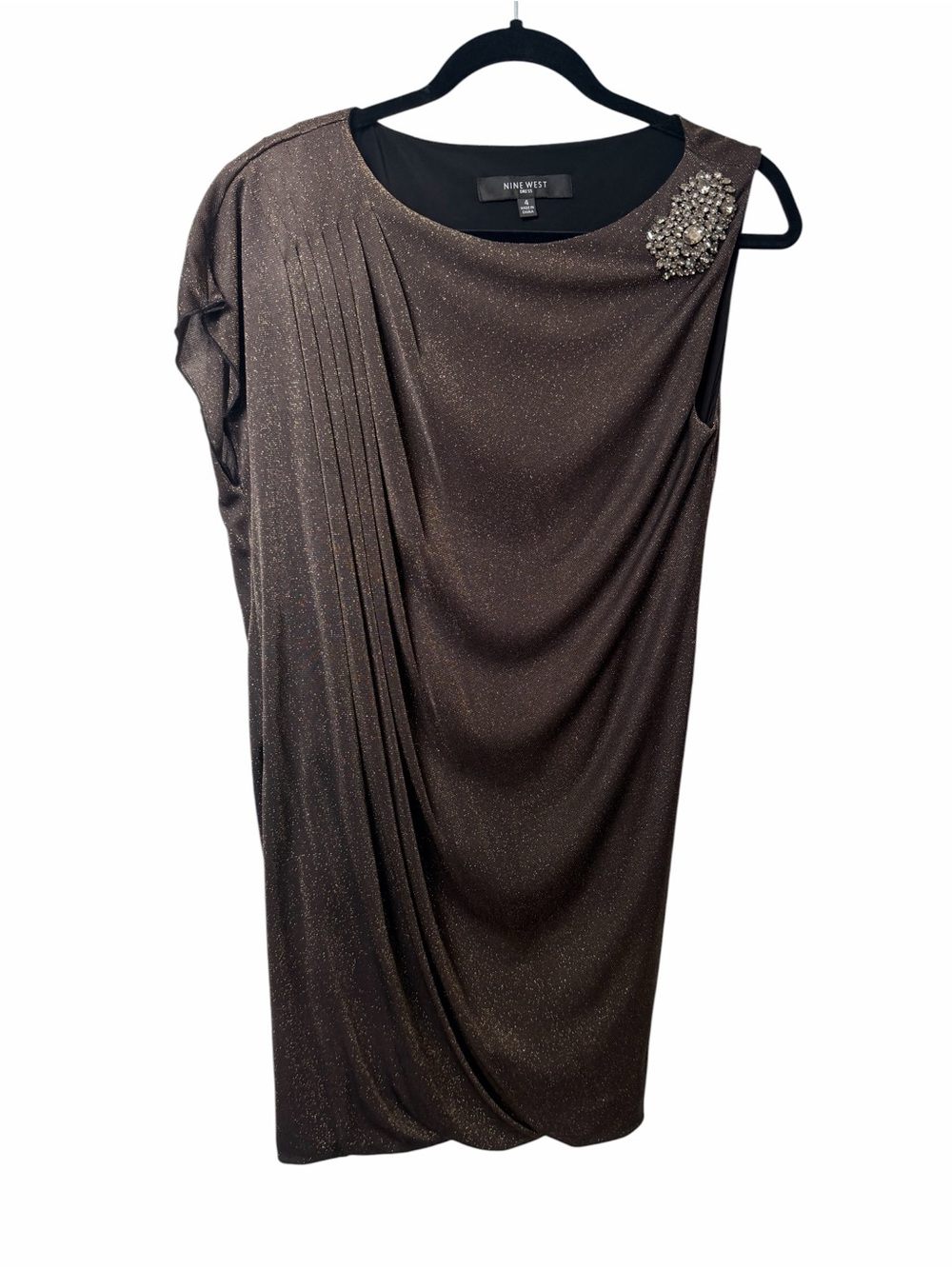 Nine West Metallic Draped Cocktail Dress Embellished Shoulder Size 4